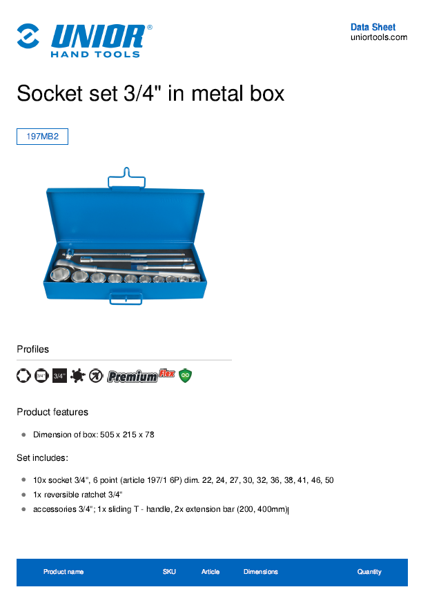 Unior 197MB2-Socket Set 3/4&quot;(22-50)14Pcs/Set#600954